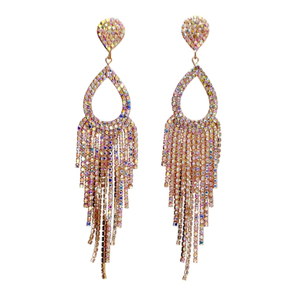 Swarovski Crystal Gold Overlay AB Chandelier Fringe Statement Earrings NWT Ooak